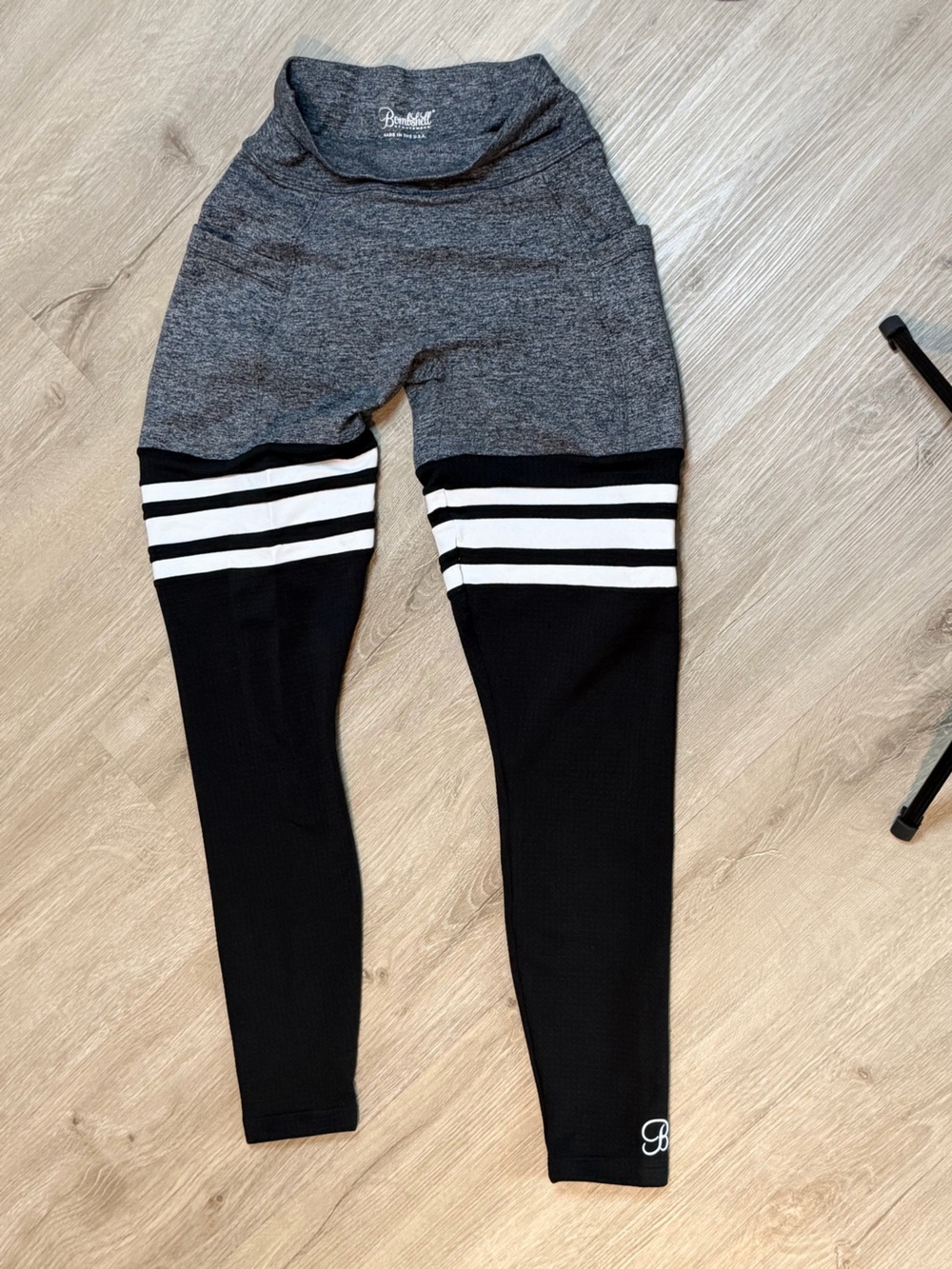 Bombshell Sportswear Black & Gray Women's Active Leggings with White Stripes